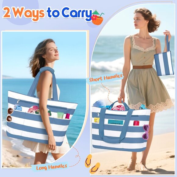 Women's Grey-blue White Waterproof Sandproof Xl Tote Zipper Foldable Beach Bags - Picture 2 of 8